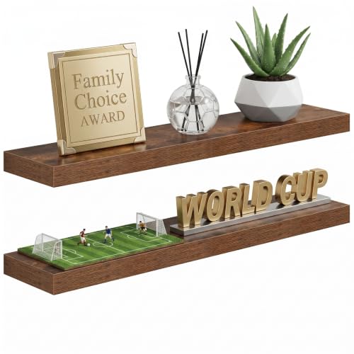 Fun Memories Floating Shelves for Wall, 30" Rustic Wood Deep Wall Mounted Shelves with Invisible Brackets for Decor & Storage, Floating Shelf for Living Room, Bathroom (Rustic Brown, Set of 2) - color: Rustic Brown, size: 30"W x 6.5"D, 2Packs