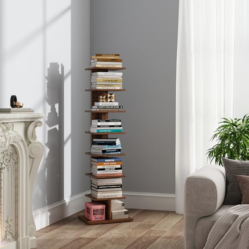 TUTOTAK Book Shelf, Narrow Spine Bookshelf, 8-Tier Bookcase for Small Space | 10.4 x 13.4 x 47.5 Inches Vertical Freestanding Corner Shelf for Living Room, Office, Study, Entryway, Brown BS06BB008 - color: Brown, size: 8 Tier