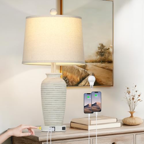 CINSARY 25" Retro White Farmhouse Jar Table Lamps for Living Room, 3 Way Touch Control Rustic Bedside Lamps with USB A+C Ports & AC Outlet, Pot Nightstand Lamps for Bedroom (LED Bulbs Included) - color: Retro-White-1Pack