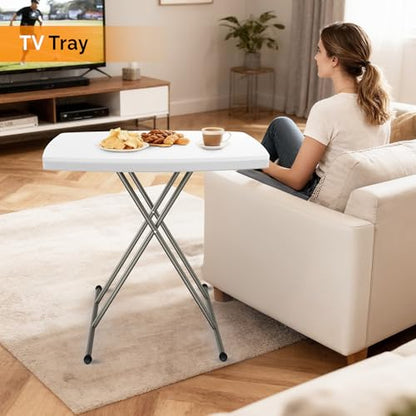VINGLI Small Adjustable Folding Table, 13.8 in-28 in Height Personal Laptop TV Tray, HDPE Plastic Top with Steel Frame, 30 inch, White - color: White, size: 32"