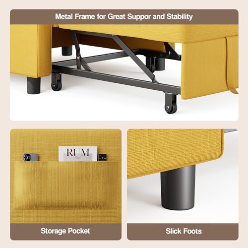 Convertible Sleeper Chair Sofa Bed, Adjustable Backrest, Yellow | 3 in 1 Chair Bed, Adjustable Backrest, Storage Pocket, Compact Fit for Living Rooms, Apartments, Guest rooms - color: Yellow