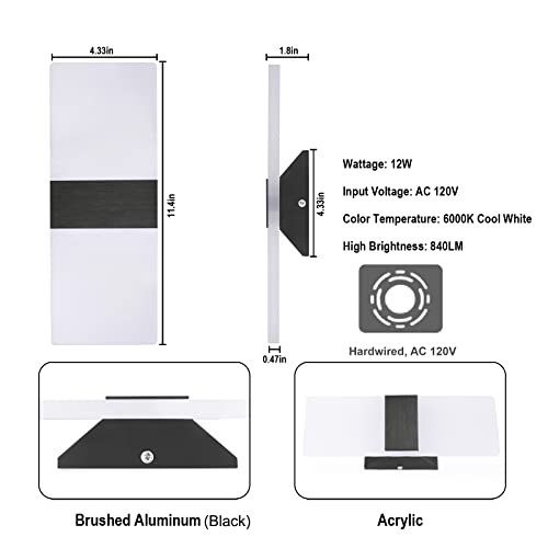 TRLIFE Dimmable Wall Sconces, Modern Wall Sconces Set of 2 Hardwired Wall Mounted Lights 12W 6000K Cool White LED Wall Sconce Lighting for Bedroom Bedside Living Room Bathroom Stairway(2 Pack, Black) - color: Cool White, size: Black Brushed Aluminum