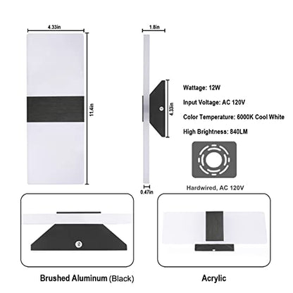 TRLIFE Dimmable Wall Sconces, Modern Wall Sconces Set of 2 Hardwired Wall Mounted Lights 12W 6000K Cool White LED Wall Sconce Lighting for Bedroom Bedside Living Room Bathroom Stairway(2 Pack, Black) - color: Cool White, size: Black Brushed Aluminum
