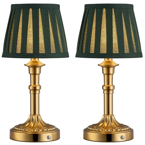 KDG Gold Cordless Table Lamps Set of 2, Green Fabric Shade Small Desk Lamp | Portables 4000mAh Battery Powered, LED Lighting, 2700K Stepless Dimmable, Light for Living Room, Dining Room, Bedroom - color: Gold + Green Lampshde (2 Pack)