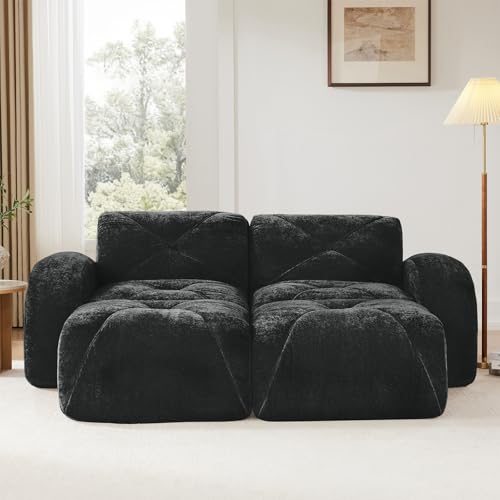 Black Loveseat Sectional Couches for Living Room, Velvet Fabric Boneless Couch, No Assembly Cloud Modular Sectional Sofa Love Seat with 2 Ottoman, Foam Couch Compressed Sofa Set, Sofas para Sala - color: Black, size: 2 Seater + 2 Ottoman