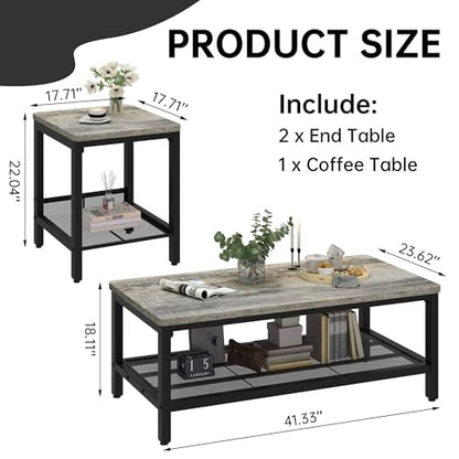 Coffee Table Set of 3 Coffee Table and end Table Sets, Modern Metal Frame Living Room Center Table for Small Apartment Home Office（Gray） - color: Grey