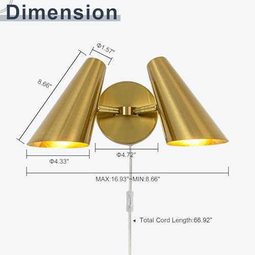 Gold 2-Light Plug in Wall Sconce, Modern Vanity Light Wall Lamp with Rotatable Lampshade Picture Light for Bedroom Living Room Bathroom Foyer - color: B-Gold
