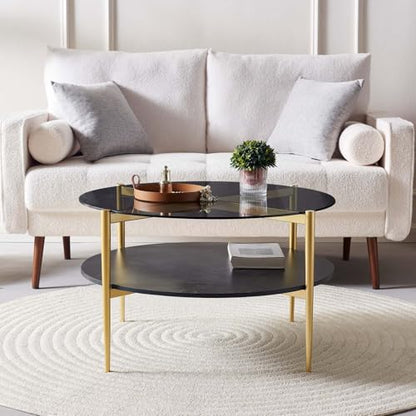LumFurn Round Coffee Table for Living Room, Mid-Century Modern Design, D30 x H17, 2-Tier Structure, Grey Glass Top and Black Marble Finish Wood Shelf, Sleek Conical Metal Legs with Gold Finish Frame - color: D30" Grey & Black Marble
