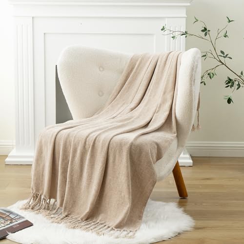 BATTILO HOME Beige Chenille Throw Blanket for Couch, Soft Cozy Textured Knit Throw Blanket with Handmade Fringe Tassels, Lightweight Decorative Farmhouse Blanket for Sofa Bed Chair, 50"x60" - color: Beige