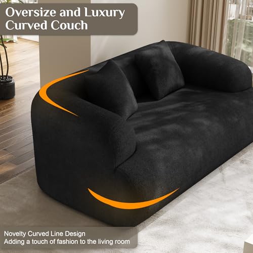 75" Boneless Cloud Loveseat, Modern Cute Curved Chenille Sofa, 2 Seater Compression Couch with 2 Pillows, No Assembly Required for Apartment Living Room, Black - color: Black, size: 75''