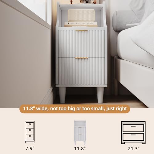 Narrow Nightstand Set of 2,11.8" Fluted Bedside Table Set of 2, Slim Side End Table with 2 Drawers, Wooden Bedside Table, White Wood Night Stand for Bedroom Livingroom Sofa Office - color: White,11.8" With 2 Drawers