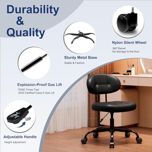 Misolant Vanity Chair with back, Small Armless Cute office Chair with wheels and Lumbar support, Comfy PU Leather Desk Computer Chairs with Adjustable Height, 360°Swivel for Home Bedroom Office, Black - color: Black
