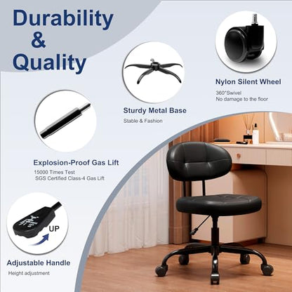 Misolant Vanity Chair with back, Small Armless Cute office Chair with wheels and Lumbar support, Comfy PU Leather Desk Computer Chairs with Adjustable Height, 360°Swivel for Home Bedroom Office, Black - color: Black