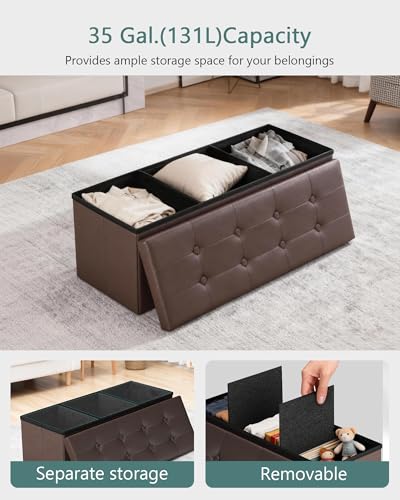 LITZFUR 43" Storage Ottoman Bench, Folding Faux Leather Chest, Brown | Stroage Box with 2 Dividers, Foot Rest Stool, Padded Seat for Bedroom, Entryway, Living Room