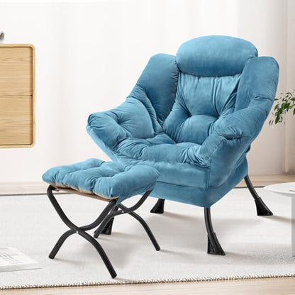 Lazy Chair with Folding Ottoman Modern Large Accent Chair,Contemporary Lounge Leisure Sofa Chair with Armrests Upholstered Sofa Armchair Reading for Bedroom,Dorm & Office(Blue-f) - color: Blue