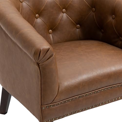 PU Leather Barrel Accent Chair, Modern Upholstered Club Chair, Brown | Comfy Living Room Chair, Nailed Trim Barrel Arm Chair Bedroom Reading Seat | 27"D x 30"W x 30"H - color: Tan