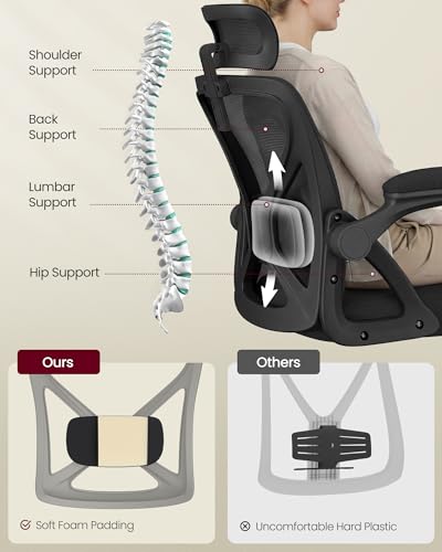 VASAGLE Office Chair, Adjustable Mesh with Lumbar Support and Headrest | Ergonomic desk chair, 90-105° tilt function, wide seat, flip-up armrests, home office, Ink Black UOBN044BH01S - color: Ink Black, size: Set of 1, style: Office Chair With Headrest