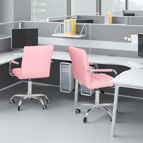 JUMMICO Modern Office & Vanity Desk Chair - Mid-Back Rolling Chair with Wheels, PU Leather, Cute for Office, Teen & Bedroom Desks (Pink) - color: Pink
