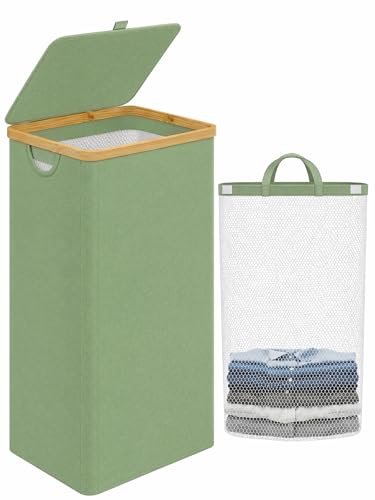 IEGrow Laundry Hamper with Lid,110L Laundry Basket with Mesh Bags,Green | Dirty Clothes Hamper Basket with Bamboo Handle for Clothes Towels - color: Green, size: 110L
