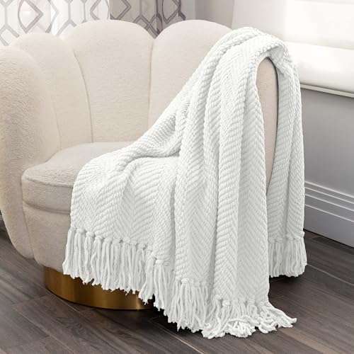 Nicole Miller Chloe Textured Soft Knit Throw Blanket with Tassels – for Home, Couch, Bed, Living Room - 50" x 60” (Ivory) - color: Ivory