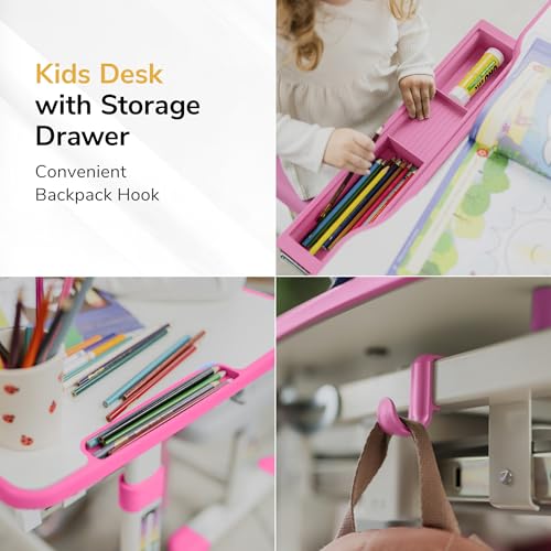 Mount-It! Kids Desk and Chair Set, Height Adjustable Sturdy, Girl Desk, Child Study Desk and Chair Set for Boys, Table for Art, Home School, Drafting, Ergonomic with Storage Drawer, Pink - color: Pink