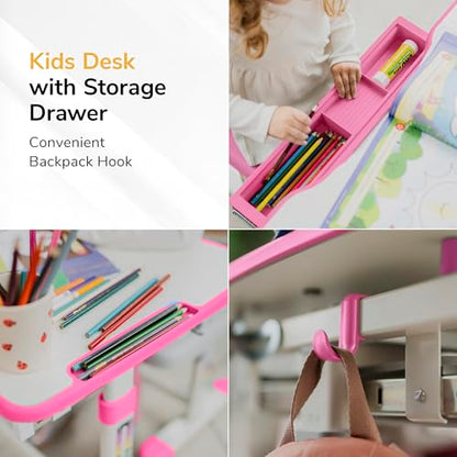 Mount-It! Kids Desk and Chair Set, Height Adjustable Sturdy, Girl Desk, Child Study Desk and Chair Set for Boys, Table for Art, Home School, Drafting, Ergonomic with Storage Drawer, Pink - color: Pink