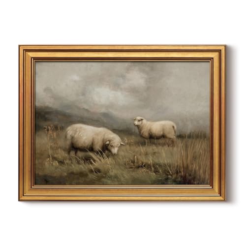 HUARCEY Vintage Gold Framed Sheep Herding Canvas Wall Print Art 12"X16" | Abstract Autumn Animal Oil Painting, Pastoral Landscape Lamb Meadow Artwork Rustic Country Farm Decor For Living Room Bedroom - color: Sheep on the Fields, size: 16"L x 12"W