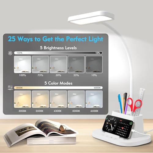 BOHON Desk Lamp for Home Office Reading Light with USB Charging Port White | Small Desk Lamps with Pen Holder, 5 Color Modes 5 Brightness, Touch Gooseneck LED Table Lamp for Dorm Room Essentials Study - color: Pearl White