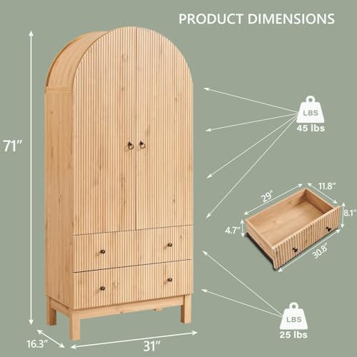 IFGET Fluted Arched Pantry Cabinet, 71" Tall Kitchen Storage Pantry Cabinet with Adjustable Shelves and 2 Large Drawers, Freestanding Morden Versatile Cupboard for Living Room, Bathroom, Natrual - color: Natural