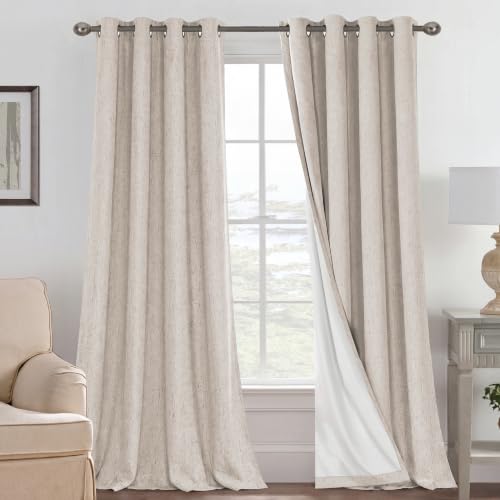 H.VERSAILTEX Blackout Curtains Linen Curtains 120 inches Long 100% Black Out Curtains for Bedroom Windows, Textured Linen Look Draperies Grommet with White Liner, 2 Panels, Natural - color: Natural, size: 52"W x 120"L (Pack of 2)