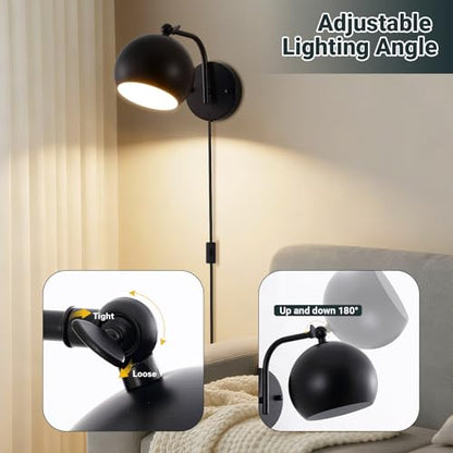 Plug in Wall Sconces Set of 2, Adjustable Angle Black Wall Lights with Plug in Cord & On/Off Switch, Bedside Wall Mount Lamps with Globe Shade for Bedroom Living Room Bathroom (2 Bulbs Included)