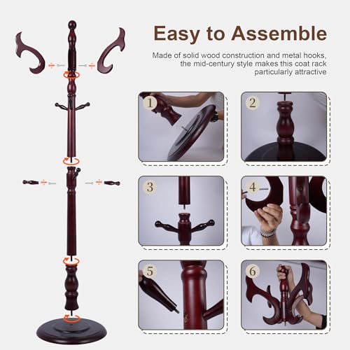 Wooden Coat Rack Freestanding with 14 Hooks, Adjustable Height Coat Tree Free Standing Heavy Duty for Entryway, Easy Assembly Solid Wood Sturdy Coat Hats Hanger Stand for Office Hallway Bedroom - color: Redwood-Solid Wood Hook B