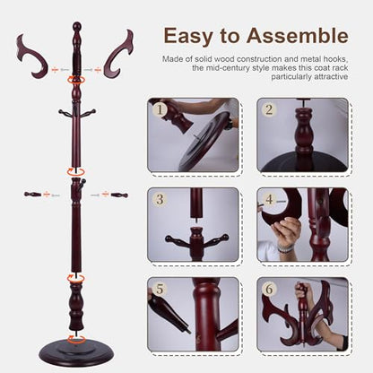 Wooden Coat Rack Freestanding with 14 Hooks, Adjustable Height Coat Tree Free Standing Heavy Duty for Entryway, Easy Assembly Solid Wood Sturdy Coat Hats Hanger Stand for Office Hallway Bedroom - color: Redwood-Solid Wood Hook B