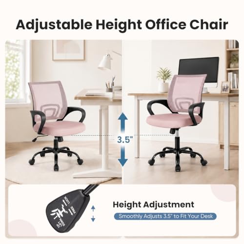 DUMOS Ergonomic Home Office Chair, Executive Mesh Desk Chair | Height Adjustable, Lumbar Support, Breathable Backrest, Fixed Armrest, Rolling Wheels, Computer Gaming, Meeting, New Pink - color: New Pink