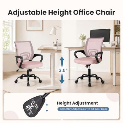 DUMOS Ergonomic Home Office Chair, Executive Mesh Desk Chair | Height Adjustable, Lumbar Support, Breathable Mid Backrest, Fixed Armrest, Rolling Wheels, Computer Gaming, Meeting, Pink - color: Pink