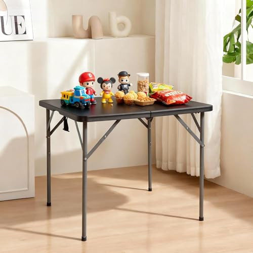 34" Folding Card Table, Heavy Duty Plastic Square Table - Portable Fold-in-Half w/Handle & Lock for Camping, BBQ, Party, Events, Black - size: 34‘’-Black