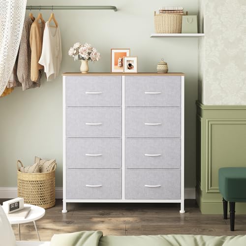 Sweetcrispy 8 Drawer Fabric Dresser for Bedroom, Tall Dresser, Light Grey | Chest of Drawers with Sturdy Steel Frame and Wooden Top, Closet Living Room Storage Organizer with Easy Pull Handles - color: Light Grey, size: 11.8"D x 30.9"W x 36.4"H (8 Drawers