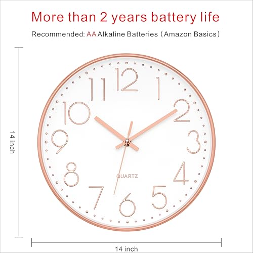 Foxtop Large 14" Wall Clock Silent Battery Operated Clock, Rose Gold | Non-Ticking, Round, Analog Clock, Quartz, Easy to Read, Living Room, Bedroom, Kitchen, Office - color: Rose Gold, size: 14 Inch Quartz