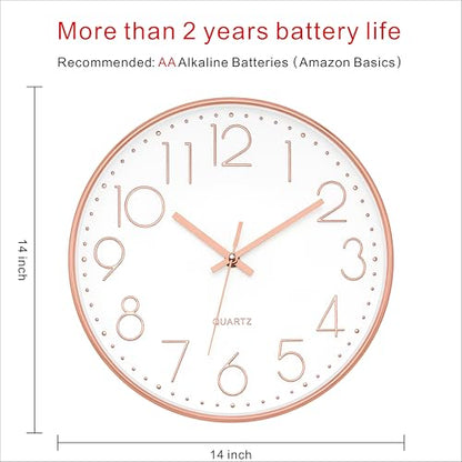 Foxtop Large 14" Wall Clock Silent Battery Operated Clock, Rose Gold | Non-Ticking, Round, Analog Clock, Quartz, Easy to Read, Living Room, Bedroom, Kitchen, Office - color: Rose Gold, size: 14 Inch Quartz