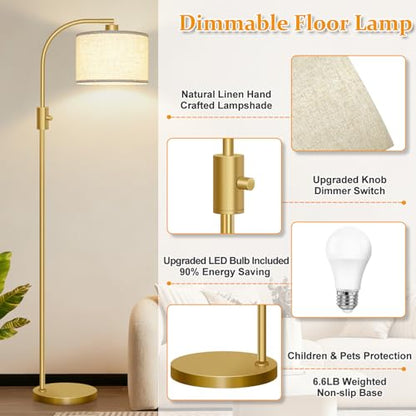 Nintiue Upgraded Modern Arc Dimmable Tall Standing Floor Lamp with Linen Shade, 1200 Lumens LED Bulb Included, for Living & Reading Room, Bedroom, Office & Nursery, Gold - color: Gold-Linen Shade