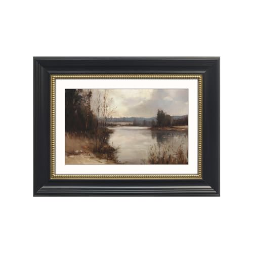 Gatheroad Black Framed Vintage Canvas Wall Art Prints, Landscape Art Picture, Retro Rustic Aesthetic Serene Waterscape Bathroom Decor, Farmhouse Home Accent for Living Room Bedroom Office, 12x16in - color: Hazy Lake, size: 12X16inch