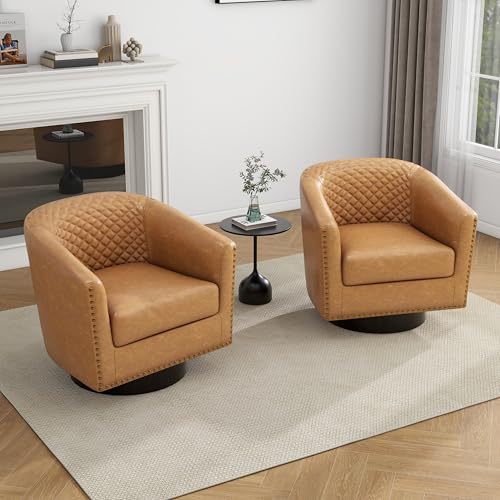 Faux Leather Swivel Accent Chair, Modern Barrel Club Armchair, Coffee | Comfy Living Room Chair, Modern Nailhead Trim Round Armchair Bedroom Reading Seat with Removable Cushion, Wood Frame - color: Retro Coffee