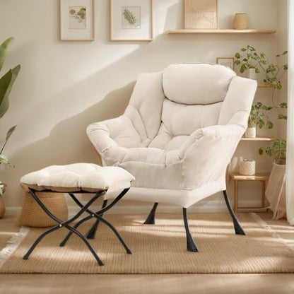 Lazy Chair with Ottoman, Soft Comfy Chair for Bedroom, Beige | Reading Accent Lounge Chair with folding Foot Stool for Living Room Dorm Apartment, sturdy metal frame - color: Beige