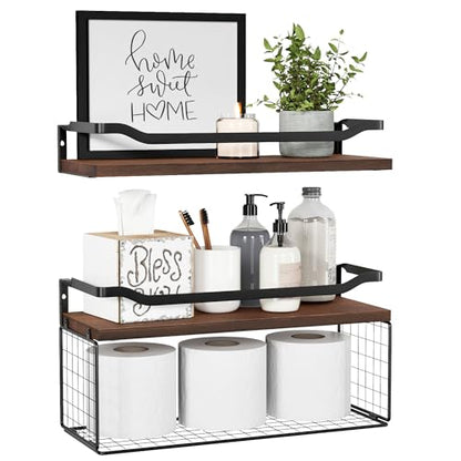 Floating Shelves with Wire Storage Basket, Bathroom Shelves Over Toilet with Protective Metal Guardrail, Wood Wall Shelves for Bathroom, Bedroom, Living Room, Toilet Paper- Dark Brown - color: Dark Brown