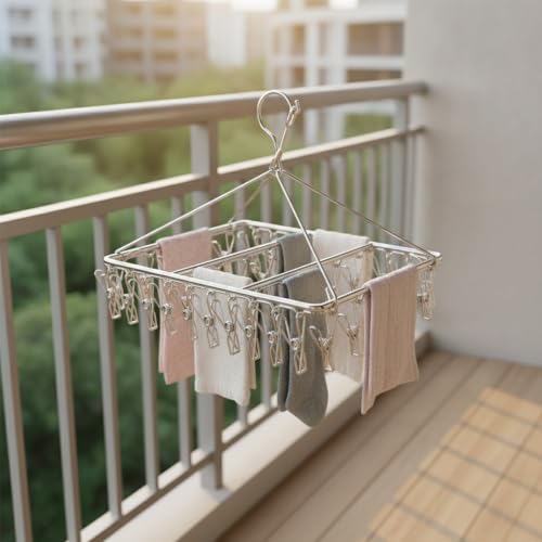 17.72 x 11.65 Inch Stainless Steel Drying Rack with Clips, Compact Laundry Organizer for Balcony or Kitchen Sink