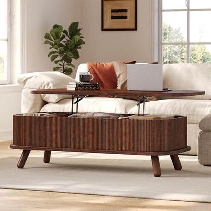 knoworld Fluted Lift Top Coffee Table with Storage, 47" Oval Coffee Table with 3-Partition Hidden Compartment, Mid Century Modern Wood Center Table for Living Room, Work & Dining from Sofa, Walnut