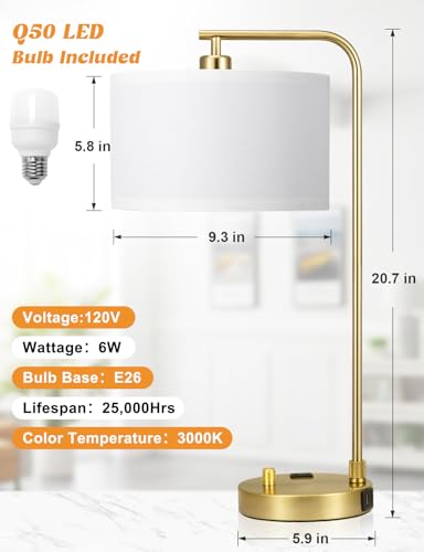 Innqoo Gold Table Lamp with USB Port and Outlet, Dimmable Nightstand Bedside Lamps with Linen Lampshade, Desk Lamp for Bedroom, Living Room, Guest Room, Home Office, LED Bulb Included - color: D-White Shade& Gold Base