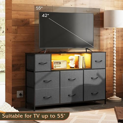 WLIVE LED Dresser TV Stand for 55 Inch TV, 8 Drawers, Dark Grey | Fits TVs up to 55 inch, 8 fabric drawers, LED chest of drawers, Built-in power outlet, Living room or bedroom - color: Dark Gray