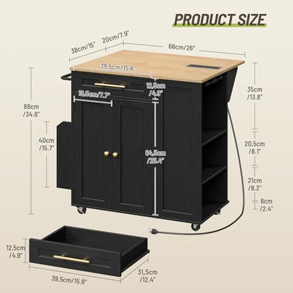 Kitchen Island with Storage, Rolling Kitchen Table with Drop Leaf, Charging Station, 3 Open Adjustable Shelf & Drawer, Towel Rack, Mobile Kitchen Cart for Dining Room, Black and Natural - color: Black + Natural