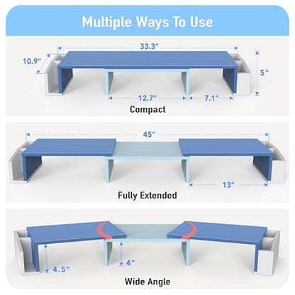 Simple Houseware Desk Dual Monitor Stand Riser with Drawer, Blue | Customizable Organizer Tray, Built-In Phone & Tablet Slot and Side Storage - color: Blue